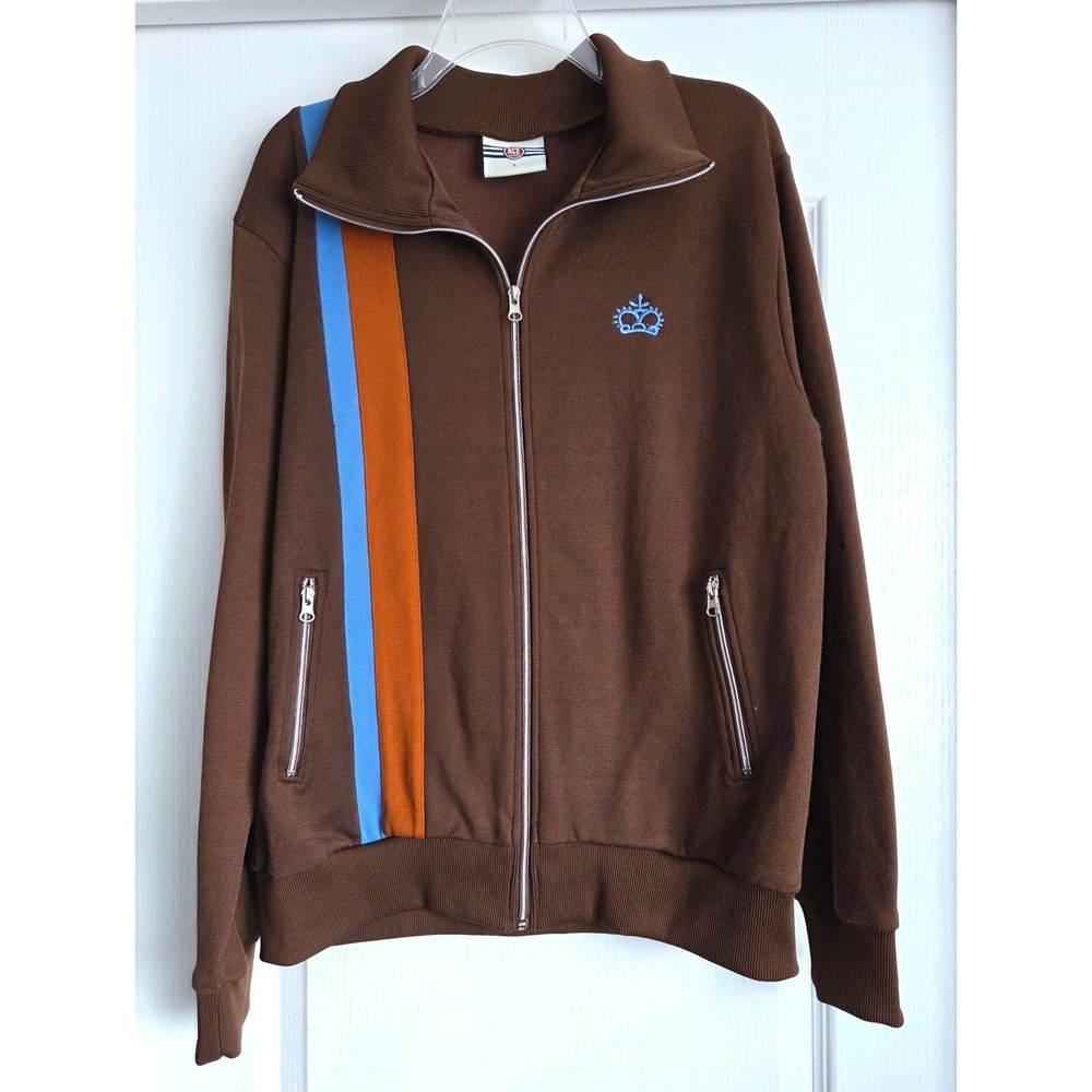 VTG Ace Brand Brown Track Jacket Blue Orange Racing Stripe Crown Logo Mens Sz L